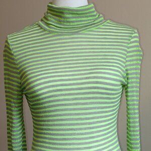 GXANE Lime Green/Grey Striped Sheer Long-Sleeved Turtleneck Shirt Size M